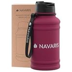 Navaris Stainless Steel Water Bottle - 44 fl oz (1.3 Litre) Capacity Jug - Large Metal Drink Bottle for Sports or Camping - Gym Canteen for Drinks - Hydrate on The Go - Bordeaux
