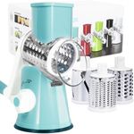 Cudebo Rotary Cheese Grater, Cheese Grater Hand Crank with 3 Interchangeable Blades, Manual Cheese Shredder with Strong Suction Base, Easy to Use and Clean, Blue