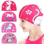 4PCS Swimming Cap Kids, Waterproof Swimming Cap, Comfortable Swim Cap for Boys Girls, Cartoon Shark Dinosaur Cat Pony Swim Cap Kids for Age 2-12 Teens, Kids Swim Cap for Long Short Hair (Pink)