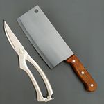 YELONA Set of Pakka Wood Meat Cleaver, & Kitchen Cooking Stainless Steel Utility Sharp Shears for Cutting Herbs, Vegetables, Food, Chicken, Poultry, Fish (1 Scissor & 1 Butcher Knife)