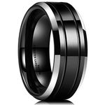 King Will Classic Men 8mm Black Tungsten Carbide Rings Polished Beveled Edge Double Groove Wedding Bands 9