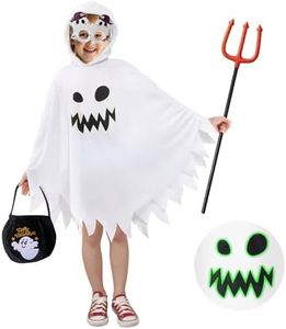JOYUE Déguisement Halloween Fantôme Enfant, Costume Fantôme Enfants Cape Fantôme Blanche avec Sac à Main, Fourchette du Diable et Lunettes Fantômes, Cape Ghost pour Carnaval Cosplay Party (4-6 ans)