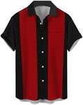 QIVICIMA Men's Retro Bowling Shirts 50s Vintage Button Down Shirts Color Block Active Shirts Black Red L