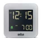 Braun Digital Travel Alarm Clock with Snooze, Compact Size, Negative LCD Display, Quick Set, Crescendo Beep Alarm in Grey, Model BC08G.