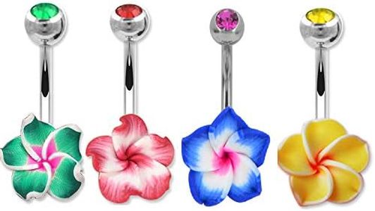 Blue Palm Jewelry 4-14 Gauge 3/8 Inch 316L Surgical Steel Barbell Belly Button Navel Rings Dangles Boho Hawaiian Plumeria Flower B616