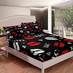 Girls Kiss Fitted Sheet Feminine Red Lips Bedding Set for Kids Women White Lipstick Print Decor Bed Sheet Set Black Sexy Mouth Pattern Bed Cover 3Pcs Queen Size
