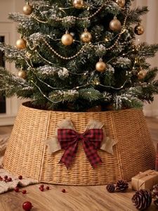 VOXOR Christmas Tree Collar with Bow Knot, Handwoven Tree Base Cover Tree Skirt Accessory for Home Decor Display, Natural (36 INCH)