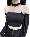 Goth Dark Punk with Chain Off Shoulder T-Shirts Gothic Sexy Backless Grunge Black Halter Crop Tops Long Sleeve Women Tee