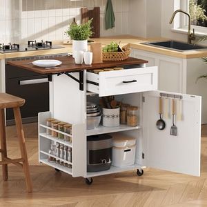 NECVLOT 39.3" Farmhouse Kitchen Island with Drop Leaf, Rolling Kitchen Storage Cart with Drawer, Side Two-Tier Open Rack, Towel Rack, Lockable Wheels, Multi-Functional Kitchen & Outdoor Cart