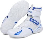Mavonexa Kids Boxing Shoes Boys Girls Youth Wrestling Shoes Lightweight Breathable Fitness Training Powerlifting Sneakers(White Blue 4.5)