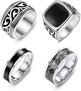 Adramata 4Pcs Stainless Steel Signet Rings for Men Vintage Biker Rings Set Silver Spinner Ring Gold Band Pinky Thumb Rings Men's Ring for Dad Father Jewelry Gift
