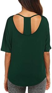 Womens Workout Tops Backless Short Sleeve Yoga Shirts Flowy Keyhole Gym Sports Tops Dark Green M