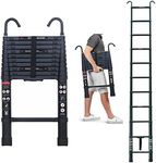 10 FT Aluminum Telescoping Ladder with 2 Detachable Roof Hooks(2.8 inch), Lightweight Telescopic Extension Ladder for Home, Multi-Purpose Rv Ladder Loft Ladder Max 330 Lb Capacity, EN131 Certificated