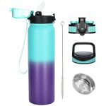 Oldley Insulated Water Bottle 32 oz Stainless Steel Water Bottles with Straw Lid/Chug Lid/Carabiner Lid,Double Wall Vacuum Wide Mouth Sweat/Leak-Proof for Sports Gym Travel Camping(Green-Purple)