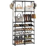 WOWLIVE 8 Tiers Black Narrow Tall Shoe Rack Organizer Metal Shoe Rack Shelf for Entryway Garage 32-36 Pairs Stackable Shoe Rack for Closet Shoe Storage with Side Hooks