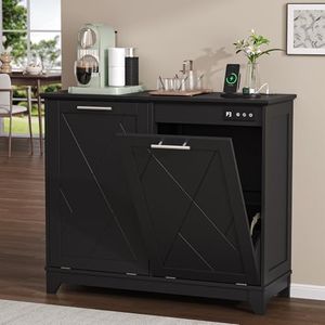 BOXACTION Double Tilt Out Trash Can Cabinet with Charging Station, Negative Ion Odor Control, Hidden Dual 10-Gallon Recycling Cabinet, Dog Proof Garbage Can for Kitchen, Laundry, Dining Room,Black