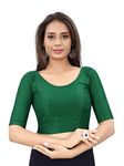 SAGIBO Round Neck Dobby Cotton Lycra Stretchable Elbow Sleeve Readymade Saree Blouse For Women Stylish, Green