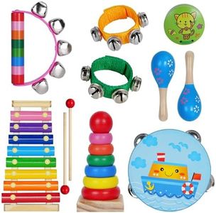 Kids Musical Instruments, Musical Instruments Wood Xylophone for Kids Children, Child Wooden Music Shakers Percussion Instruments Tambourine Birthday Gifts Present with Carrying Bag