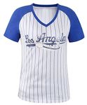 Geneisteck Womens City Baseball Fans V Neck Cage Raglan T-Shirts, Blue & White, Small