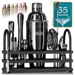 Pro Cocktail Kit | Mixology Bartender Kit | 14-Piece Cocktail Shaker Set | Martini Home Bartending Bar Accessories | Incl. 35 Recipe Cards | Gift Set (675ml/24oz Cobbler Shaker, Jet Black/Black)