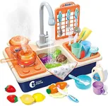 CUTE STONE Pretend Play Kitchen Sink Toys with Play Cooking Stove, Pot and Pan with Spray Realistic Light and Sound, Dish Rack & Play Cutting Food, Utensils Tableware Accessories for Kids Toddlers