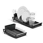 Fuvdreamer Dish Drying Rack with Drainboard Set, Extendable Dish Rack, Compact Dish Drainer,Utensil Holder, Cup Holder, Drying Rack for Kitchen Sink (Black)