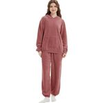 DISOLVE Hooded Fluffy Pajama Set for Women Soft Comfy Fleece Pullover Pants Loose Plush Sleepwear Fuzzy Loungewear for Winter (Brown, M)