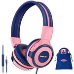 SIMOLIO Kids Headphones with 75dB,85dB,94dB Volume Limited & Share Jack, Headphones for Girls with Mic, Durable Children Headphones with Safe Volume, On-Ear Kids Headsets for Gift/School/Plane (Pink)