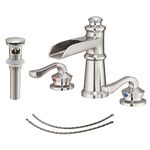 Bathfinesse 8-16 Inch Widespread Bathroom Sink Faucet Brushed Nickel Waterfall Two-Handles 3 Hole with Pop Up Drain Stopper Bath Vanity Faucets & Parts Commercial Lavatory Supply Hose Lead-Free