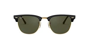 Ray-Ban RB3016F Clubmaster Low Bridge Fit Square Sunglasses, Black On Gold/G-15 Green, 55 mm