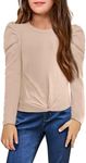 Arshiner Girls Puff Long Sleeve Shirts Crew Neck Rib Knit T Shirt Tee Crop Solid Casusl Top Blouse Tunic Khaki 7-8 Years