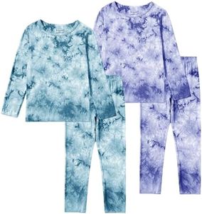 Jimonda Kids Toddler Soft Rayon From Bamboo Pajamas Long Sleeve Boys Girls Sleepwear Outdoor 4pcs Set Tops&Pants Casual Tie Dye Pj(Blue&Purple,11-12Y)