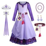 AOOWU Wish Asha Costume, Princess Wish Asha Dress with Earring Necklace Dress up Asha Cosplay Costume for Kids & Toddlers Birthday/Cosplay/Hallween Party, Age 2-10 Years