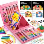 Shuttle Art 335 Piece Kids Art Set, Multi-Media Art Supplies, Gift Art Kit with Trifold Easel, 2 Drawing Pads, 2 Coloring Books, Oil Pastels, Crayons, Watercolors, Markers, Colored Pencils (Pink)