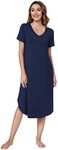 QUALFORT Womens Nightgowns Short Sleeve Nightgown V Neck Loungewear Side Slit Soft Nighdress, A-navy Blue, Small