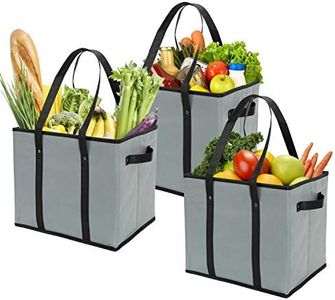 Foraineam 3-Pack Extra Large Reusable Grocery Bags Gray Durable Heavy Duty Grocery Totes Bag Storage Box Bins Collapsible Grocery Shopping Box Bags with Reinforced Bottom