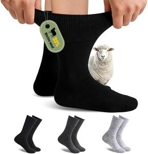 Forcool Men's Women's Merino Wool Diabetic Extra Wide Diabetes Non Binding Loose Top Seamless Toe Cushioned Sole Mid Calf Crew Socks, X-Large 3 Pairs Black Gray