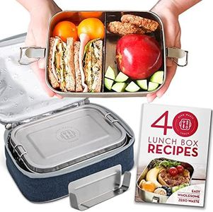 Stainless Steel Lunch Box with Bag | Removable Bento Divider | Leak Proof Lid | Container for Salads, Snacks, Leftovers | Plus Lunch Box Ideas Recipe Book | Medium Size