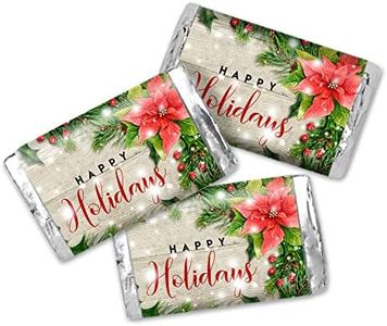 Happy Holidays Red Poinsettia Miniature Chocolate Candy Bar Sticker Wrappers, 45 Wrap Around Labels Sized 1.4" x 2.6" by AmandaCreation, Great for Holiday Party Favors & Goodie Bags
