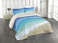 Lunarable Ocean Coverlet Set Queen Size, Exotic Beach Scenery with Sky and Clear Sea Water Topical Lands Tranquil Life, 3 Piece Decorative Quilted Bedspread Set with 2 Pillow Shams, Turquoise Cream