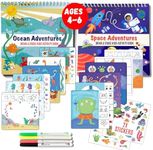 Totebook Kids Small Size Travel Educational Activity Books with Washable Markers (7"x7") - Car and Airplane Activities - Search and Find, Reusable Stickers for Ages 4, 5, 6 (Ocean & Space)