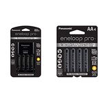 Panasonic KKJ17KHCA4A Eneloop Pro Individual Cell Battery Charger with 4 AA Ni-MH Rechargeable Batteries, 4-Pack & Panasonic BK3HCCA4BA Eneloop Pro AA High Capacity New Ni-MH Pre-Charged Rechargeable Batteries, 4-Pack