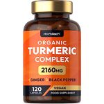 Organic Turmeric and Black Pepper Capsules | 2160mg | High Strength Curcumin with Ginger | 120 Vegan Capsules | Horbaach