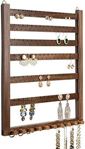 Mymazn Easy Assemble Solid Walnut Wood Earring Wall Holder Hanging Jewelry Organizer Necklace Holder Earring Hanger Wall Mount Jewelry Organizer for Necklaces Rings Scruncies Organization