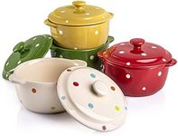 AVLA 4 Pack Porcelain Ramekins, 9 OZ Mini Casserole Bowl with Lid and Handle, Ceramic Souffle Soup Creme Brulee Bowls, Oven Safe, Mini Casserole Dish (Polka Dot, Assorted Color)