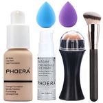 6PCS Liquid Foundation Set Matte PHOERA Liquid Full Coverage Foundation with Face Primer Volcanic Stone Oil Rollers Foundation Brush Makeup Sponge Makeup Set (#102)