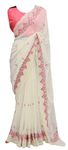 RANGOLI ART Womens And Girls Bollywood Type Georgette Fabric Saree With embroidery work with Cutwork in Border (Off White)