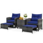 ORALNER 5 Pieces Patio Furniture Set with Ottoman, Wicker Conversation Set Rattan Chairs w/Cushions, Glass Coffee Table, Outdoor Lounger Bistro Set for Porch Balcony Garden Deck Poolside (Navy Blue)