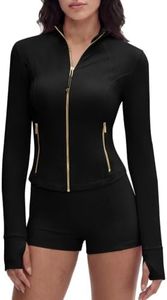SUUKSESS Women Golden Full Zip Up Workout Cropped Jackets Lightweight Slim Fit Athletic Yoga Tops with Thumb Holes (Black, S)