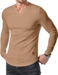 JMIERR Mens T-Shirts Casual Muscle Slim Fit V Neck Hipster Longline Henley Shirt Long Sleeve Gym Workout Athletic Fitted Tees Shirts, L, Brown